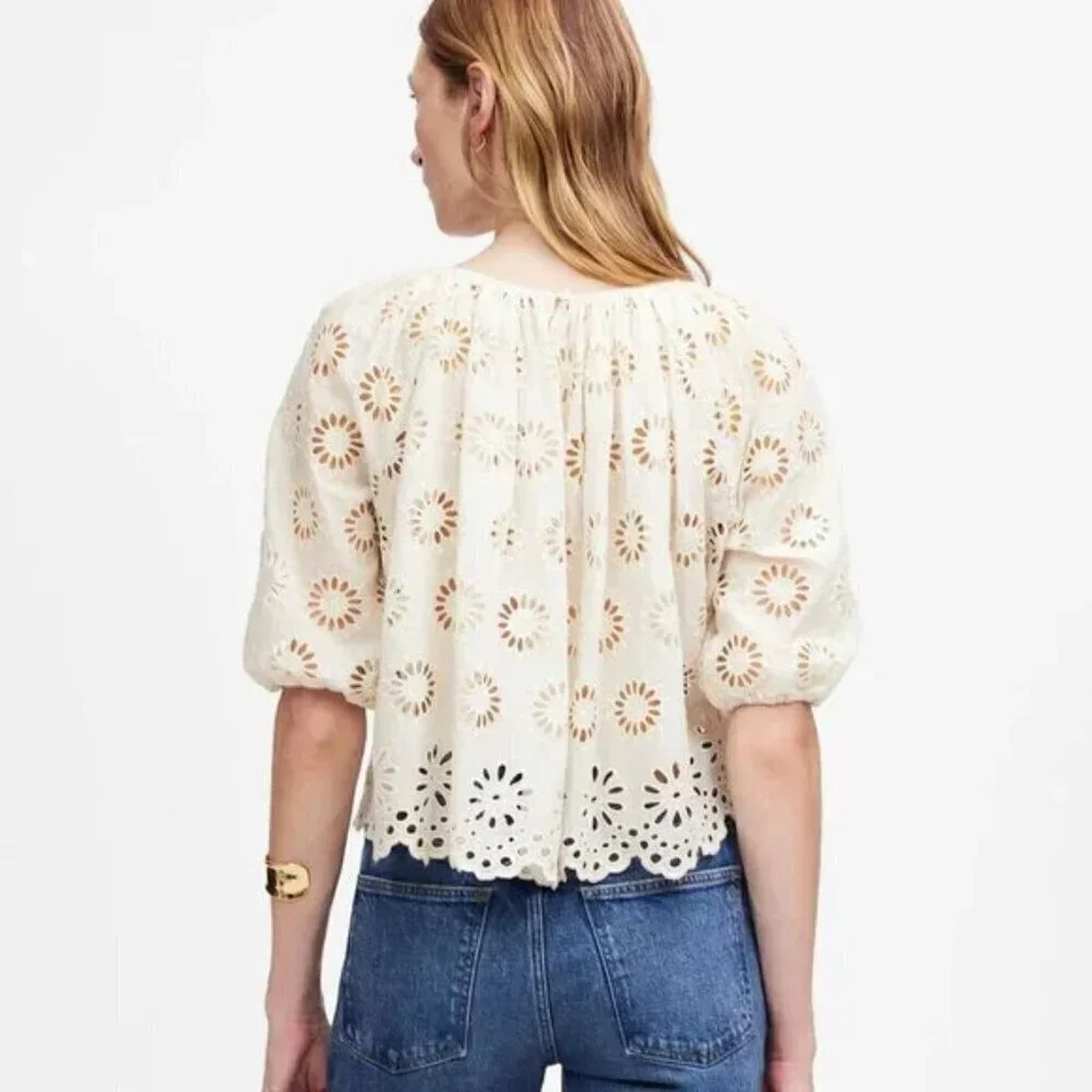 Madewell Embroidered Floral Cutouts Shirred Puff-Sleeve Top Cream Size XXS NWT